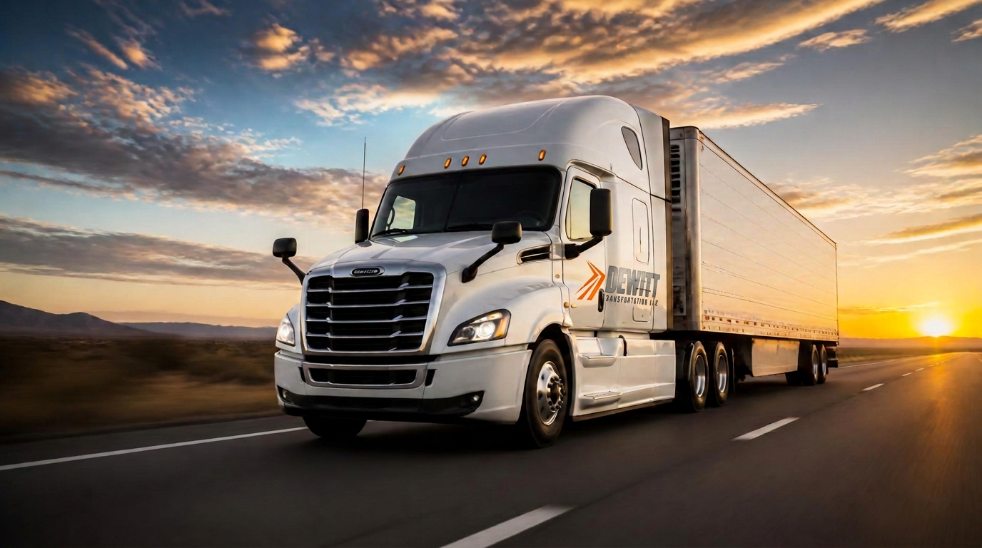 DeWitt Transportation refrigerated tractor-trailer on the interstate at sunset